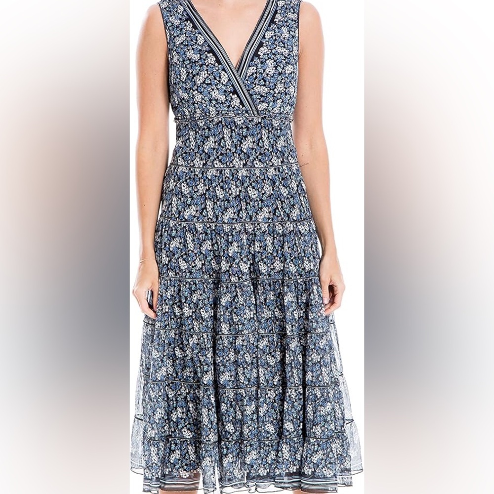 Max Studio Women's Floral Mesh S/l V-Neck Tiered Midi Dress Plus size 1X